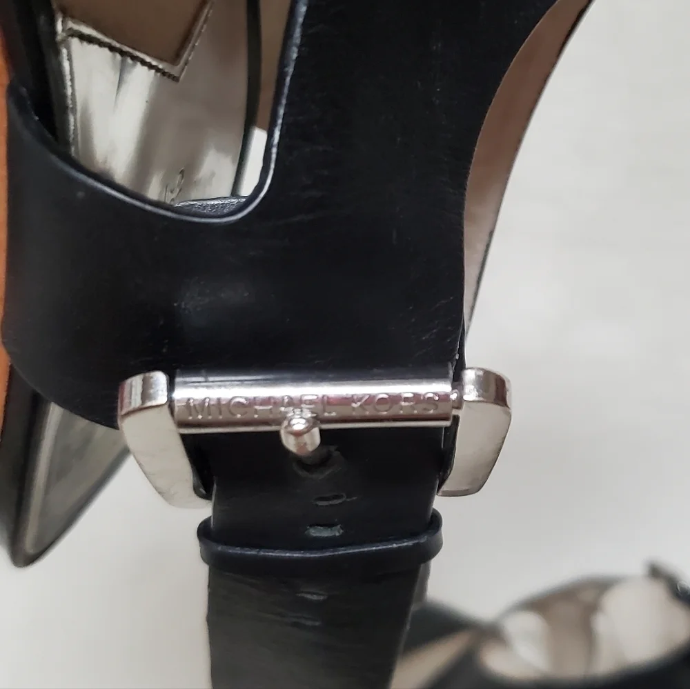 MICHAEL Kors Carla Black Leather Faux Wood Platform Wedge Strappy Sandal 9.5